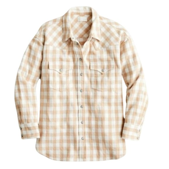 J.Crew Beige Buffalo Plaid Pearl Snap Western Shacket Beige Neutral Size 10 - Picture 1 of 8